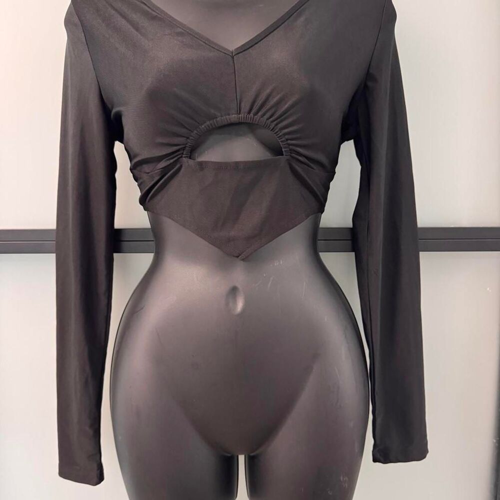 SHEIN Black Mesh Cut-Out Long Sleeve Crop Top – Size M